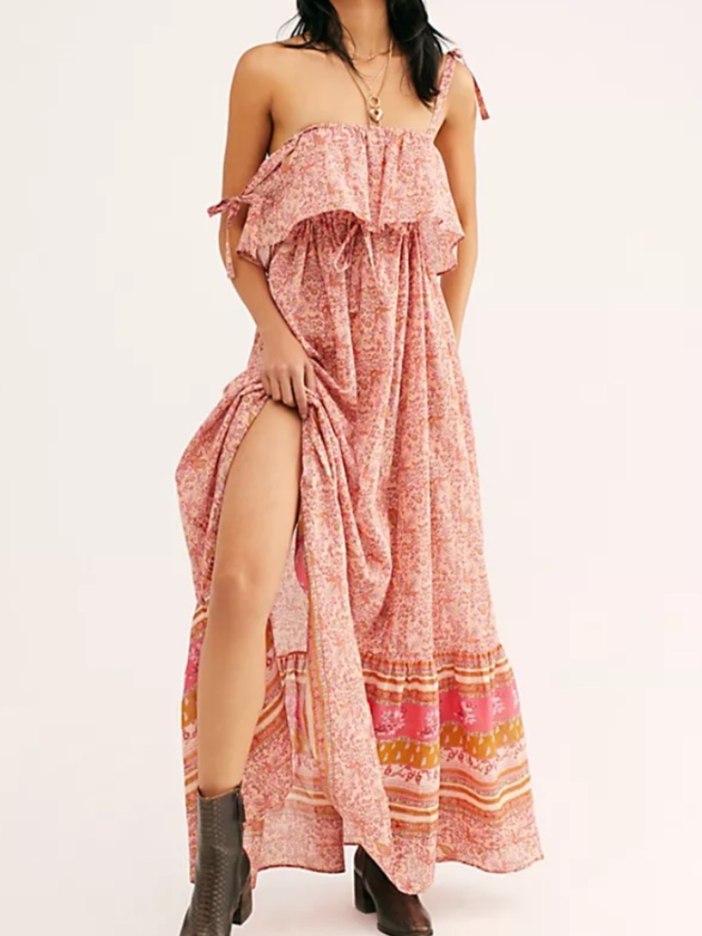 Free People Tangier Pink Multicolor Paisley Tie-Shoulder Maxi Dress